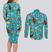 Hawaii Map with Plumeria Flower and Palaka Pattern Couples Matching Long Sleeve Bodycon Dress and Long Sleeve Button Shirt Tropical Island Teal Design LT03 - Polynesian Pride