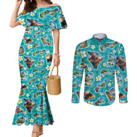 Hawaii Map with Plumeria Flower and Palaka Pattern Couples Matching Mermaid Dress and Long Sleeve Button Shirt Tropical Island Teal Design LT03 Teal - Polynesian Pride