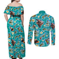 Hawaii Map with Plumeria Flower and Palaka Pattern Couples Matching Off Shoulder Maxi Dress and Long Sleeve Button Shirt Tropical Island Teal Design LT03 - Polynesian Pride