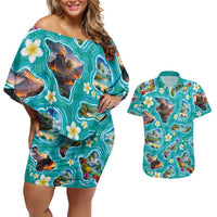 Hawaii Map with Plumeria Flower and Palaka Pattern Couples Matching Off Shoulder Short Dress and Hawaiian Shirt Tropical Island Teal Design LT03 Teal - Polynesian Pride