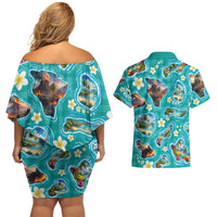 Hawaii Map with Plumeria Flower and Palaka Pattern Couples Matching Off Shoulder Short Dress and Hawaiian Shirt Tropical Island Teal Design LT03 - Polynesian Pride