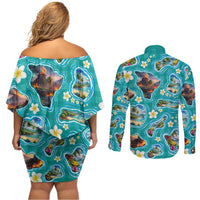 Hawaii Map with Plumeria Flower and Palaka Pattern Couples Matching Off Shoulder Short Dress and Long Sleeve Button Shirt Tropical Island Teal Design LT03 - Polynesian Pride