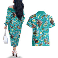Hawaii Map with Plumeria Flower and Palaka Pattern Couples Matching Off The Shoulder Long Sleeve Dress and Hawaiian Shirt Tropical Island Teal Design LT03 - Polynesian Pride