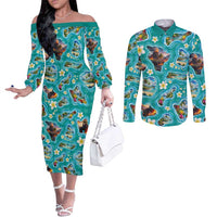 Hawaii Map with Plumeria Flower and Palaka Pattern Couples Matching Off The Shoulder Long Sleeve Dress and Long Sleeve Button Shirt Tropical Island Teal Design LT03 Teal - Polynesian Pride