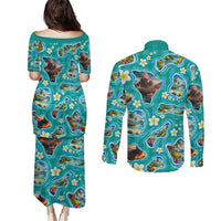 Hawaii Map with Plumeria Flower and Palaka Pattern Couples Matching Puletasi and Long Sleeve Button Shirt Tropical Island Teal Design