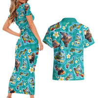 Hawaii Map with Plumeria Flower and Palaka Pattern Couples Matching Short Sleeve Bodycon Dress and Hawaiian Shirt Tropical Island Teal Design LT03 - Polynesian Pride