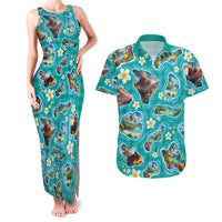 Hawaii Map with Plumeria Flower and Palaka Pattern Couples Matching Tank Maxi Dress and Hawaiian Shirt Tropical Island Teal Design LT03 Teal - Polynesian Pride