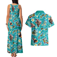 Hawaii Map with Plumeria Flower and Palaka Pattern Couples Matching Tank Maxi Dress and Hawaiian Shirt Tropical Island Teal Design LT03 - Polynesian Pride