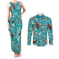 Hawaii Map with Plumeria Flower and Palaka Pattern Couples Matching Tank Maxi Dress and Long Sleeve Button Shirt Tropical Island Teal Design LT03 Teal - Polynesian Pride