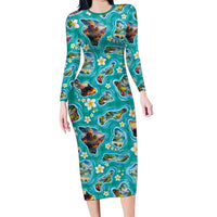 Hawaii Map with Plumeria Flower and Palaka Pattern Family Matching Long Sleeve Bodycon Dress and Hawaiian Shirt Tropical Island Teal Design LT03 Mom's Dress Teal - Polynesian Pride