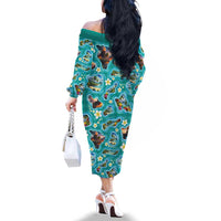 Hawaii Map with Plumeria Flower and Palaka Pattern Family Matching Off The Shoulder Long Sleeve Dress and Hawaiian Shirt Tropical Island Teal Design LT03 - Polynesian Pride