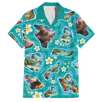 Hawaii Map with Plumeria Flower and Palaka Pattern Family Matching Off Shoulder Short Dress and Hawaiian Shirt Tropical Island Teal Design LT03 Dad's Shirt - Short Sleeve Teal - Polynesian Pride