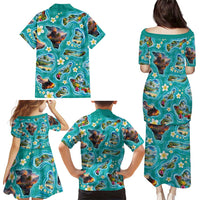 Hawaii Map with Plumeria Flower and Palaka Pattern Family Matching Puletasi and Hawaiian Shirt Tropical Island Teal Design LT03 - Polynesian Pride