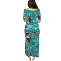 Hawaii Map with Plumeria Flower and Palaka Pattern Family Matching Puletasi and Hawaiian Shirt Tropical Island Teal Design LT03 - Polynesian Pride