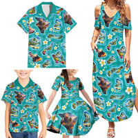 Hawaii Map with Plumeria Flower and Palaka Pattern Family Matching Summer Maxi Dress and Hawaiian Shirt Tropical Island Teal Design LT03 - Polynesian Pride