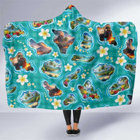 Hawaii Map with Plumeria Flower and Palaka Pattern Hooded Blanket Tropical Island Teal Design