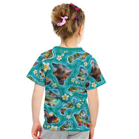 Hawaii Map with Plumeria Flower and Palaka Pattern Kid T Shirt Tropical Island Teal Design