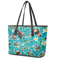 Hawaii Map with Plumeria Flower and Palaka Pattern Leather Tote Bag Tropical Island Teal Design