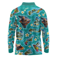 Hawaii Map with Plumeria Flower and Palaka Pattern Long Sleeve Polo Shirt Tropical Island Teal Design