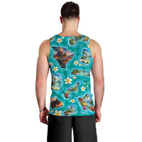 Hawaii Map with Plumeria Flower and Palaka Pattern Men Tank Top Tropical Island Teal Design