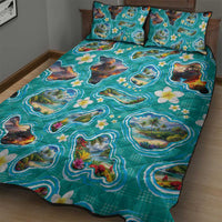 Hawaii Map with Plumeria Flower and Palaka Pattern Quilt Bed Set Tropical Island Teal Design