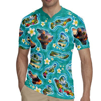 Hawaii Map with Plumeria Flower and Palaka Pattern Rugby Jersey Tropical Island Teal Design