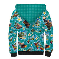 Hawaii Map with Plumeria Flower and Palaka Pattern Sherpa Hoodie Tropical Island Teal Design