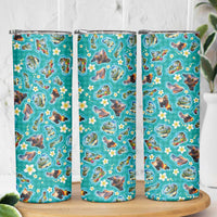Hawaii Map with Plumeria Flower and Palaka Pattern Skinny Tumbler Tropical Island Teal Design