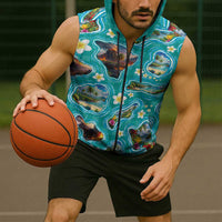 Hawaii Map with Plumeria Flower and Palaka Pattern Sleeveless Zip Hoodie Tropical Island Teal Design