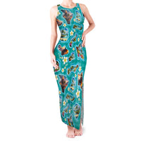 Hawaii Map with Plumeria Flower and Palaka Pattern Tank Maxi Dress Tropical Island Teal Design