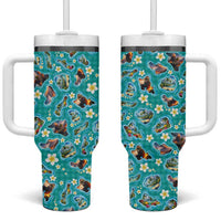 Hawaii Map with Plumeria Flower and Palaka Pattern Tumbler With Handle Tropical Island Teal Design