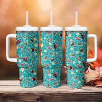 Hawaii Map with Plumeria Flower and Palaka Pattern Tumbler With Handle Tropical Island Teal Design