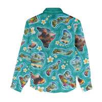 Hawaii Map with Plumeria Flower and Palaka Pattern Women Casual Shirt Tropical Island Teal Design