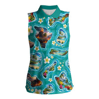Hawaii Map with Plumeria Flower and Palaka Pattern Women Sleeveless Polo Shirt Tropical Island Teal Design LT03 Female Teal - Polynesian Pride