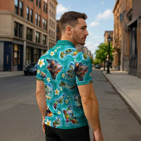 Hawaii Map with Plumeria Flower and Palaka Pattern Zipper Polo Shirt Tropical Island Teal Design