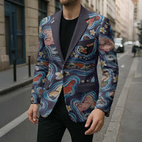 Hawaii Islands Map Design with Japanese Landscape Blazer Hawaiian Japan Fusion Art Navy Color