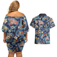 Hawaii Islands Map Design with Japanese Landscape Couples Matching Off Shoulder Short Dress and Hawaiian Shirt Hawaiian Japan Fusion Art Navy Color LT03 - Polynesian Pride