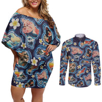 Hawaii Islands Map Design with Japanese Landscape Couples Matching Off Shoulder Short Dress and Long Sleeve Button Shirt Hawaiian Japan Fusion Art Navy Color LT03 Navy - Polynesian Pride