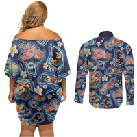 Hawaii Islands Map Design with Japanese Landscape Couples Matching Off Shoulder Short Dress and Long Sleeve Button Shirt Hawaiian Japan Fusion Art Navy Color LT03 - Polynesian Pride