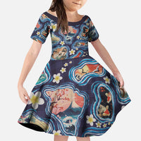 Hawaii Islands Map Design with Japanese Landscape Family Matching Off Shoulder Maxi Dress and Hawaiian Shirt Hawaiian Japan Fusion Art Navy Color LT03 Daughter's Dress Navy - Polynesian Pride