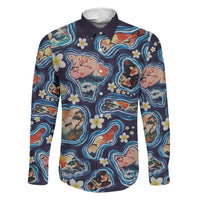 Hawaii Islands Map Design with Japanese Landscape Family Matching Puletasi and Hawaiian Shirt Hawaiian Japan Fusion Art Navy Color LT03 Dad's Shirt - Long Sleeve Navy - Polynesian Pride