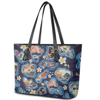 Hawaii Islands Map Design with Japanese Landscape Leather Tote Bag Hawaiian Japan Fusion Art Navy Color LT03 - Polynesian Pride