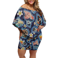 Hawaii Islands Map Design with Japanese Landscape Off Shoulder Short Dress Hawaiian Japan Fusion Art Navy Color LT03 Women Navy - Polynesian Pride