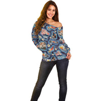Hawaii Islands Map Design with Japanese Landscape Off Shoulder Sweater Hawaiian Japan Fusion Art Navy Color LT03 - Polynesian Pride
