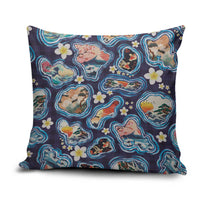 Hawaii Islands Map Design with Japanese Landscape Pillow Cover Hawaiian Japan Fusion Art Navy Color LT03 Navy - Polynesian Pride