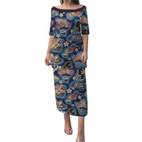 Hawaii Islands Map Design with Japanese Landscape Puletasi Hawaiian Japan Fusion Art Navy Color LT03 Long Dress Navy - Polynesian Pride