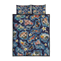 Hawaii Islands Map Design with Japanese Landscape Quilt Bed Set Hawaiian Japan Fusion Art Navy Color LT03 - Polynesian Pride