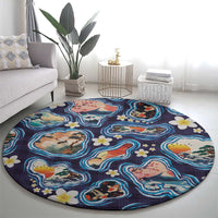 Hawaii Islands Map Design with Japanese Landscape Round Carpet Hawaiian Japan Fusion Art Navy Color LT03 - Polynesian Pride