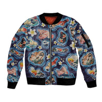 Hawaii Islands Map Design with Japanese Landscape Sleeve Zip Bomber Jacket Hawaiian Japan Fusion Art Navy Color LT03 Unisex Navy - Polynesian Pride
