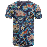 Hawaii Islands Map Design with Japanese Landscape T Shirt Hawaiian Japan Fusion Art Navy Color LT03 - Polynesian Pride
